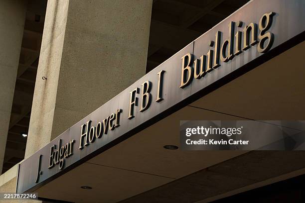 Sign is displayed outside of the J. Edgar Hoover Federal Bureau of Investigation building on June, 2025 in Washington, DC.