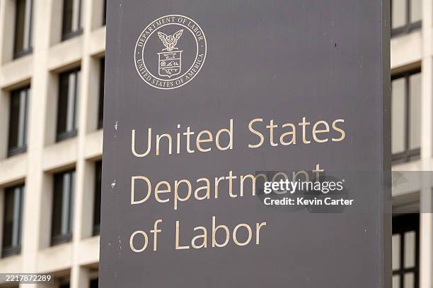 Sign is displayed at the U.S. Department of Labor Frances Perkins Building on June, 2025 in Washington, DC.