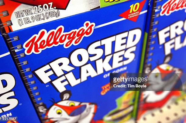 Boxes of Kellogg's Frosted Flakes cereal are seen displayed inside a Wal-Mart store July 28, 2003 in Rolling Meadows, Illinois. With strong company...