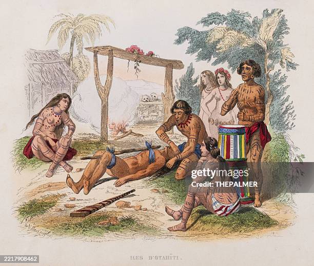 illustrations, cliparts, dessins animés et icônes de des natifs tatoués de tahiti effectuant un rituel – 1843 gravure coloriée à la main - tatouage polynésien