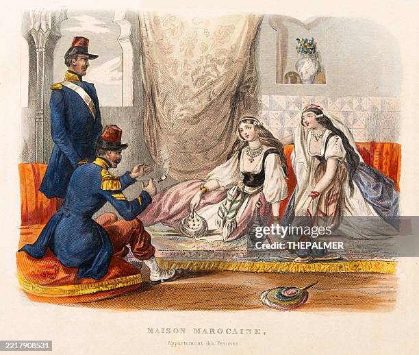 moroccan women’s apartment interior – 1843 hand-colored engraving - moroccan food stock illustrations