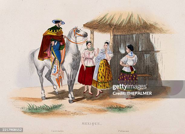 ilustraciones, imágenes clip art, dibujos animados e iconos de stock de dueño de una hacienda y aldeanos en méxico - 1843 grabado coloreado a mano - mexico colonial