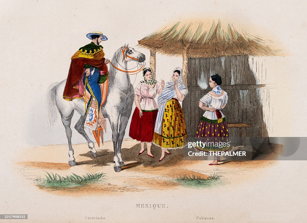 Hacienda Owner And Villagers in Mexico – 1843 Hand-Colored Engraving