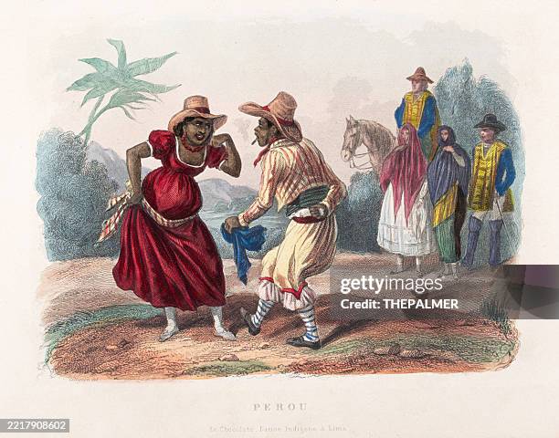 the chocolate dance in peru in lima, peru – 1843 hand-colored engraving - lima stock illustrations