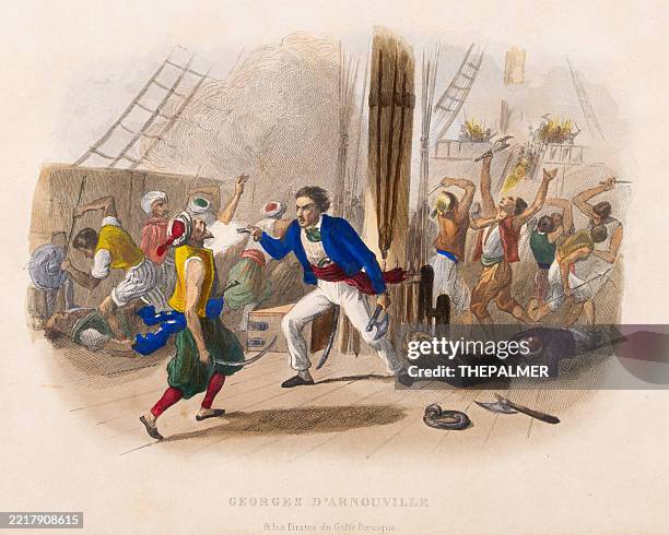 naval battle scene aboard a french ship – 1843 hand-colored engraving - pirate shipwreck stock illustrations