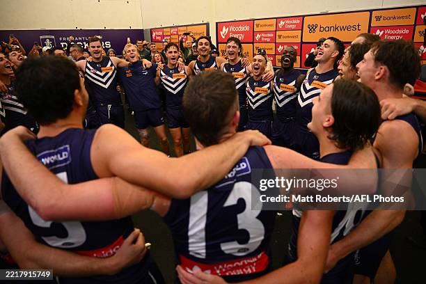 Dockers players sing the team song after the round 12 AFL match between Gold Coast Suns and Fremantle Dockers at People First Stadium, on May 31 in...