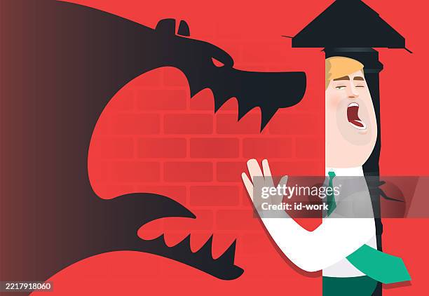 businessman stuck in arrow sign gap beside angry beast shadow - struggle stock illustrations