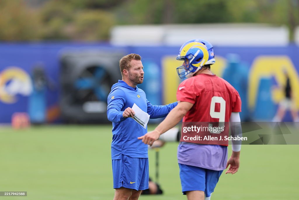 Rams head coach Sean McVay, left, talks to quarterback Matthew... News ...