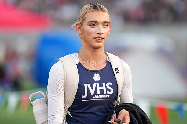 Transgender athlete AB Hernandez of Jurupa Valley leaves the track during the CIF State Track and Field Championships at Veterans Memorial Stadium on...