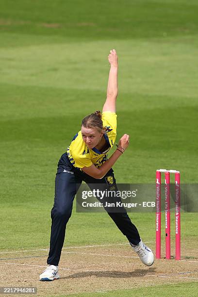 Lauren Filer of Durham bowls during the Vitality Blast Women match between Bears and Durham Cricket at Edgbaston on May 31, 2025 in Birmingham,...