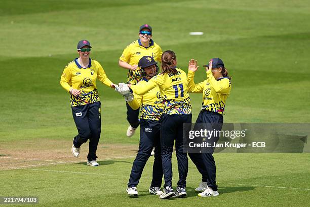 Suzie Bates of Durham celebrates a wicketr with team mates during the Vitality Blast Women match between Bears and Durham Cricket at Edgbaston on May...