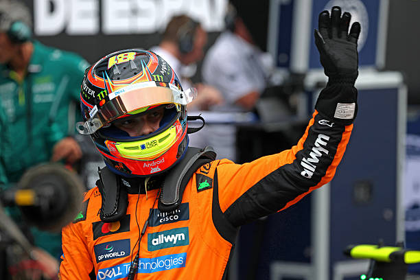 Pole position qualifier Oscar Piastri of Australia and McLaren celebrates on arrival in parc ferme during qualifying ahead of the F1 Grand Prix of...