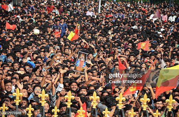 Thousands gather outside the Vidhana Soudha to celebrate the Royal Challengers Bengaluru winning the Indian Premier League , in Bengaluru on June 4,...