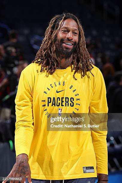 James Johnson of the Indiana Pacers smiles during 2025 NBA Finals Practice and Media Availability on June 4, 2025 at Paycom Center in Oklahoma City,...