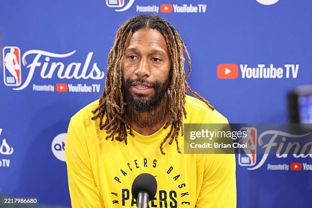 James Johnson of the Indiana Pacers talks to the media during 2025 NBA Finals Practice and Media Availability on June 4, 2025 at Paycom Center in...