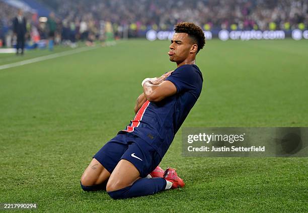 Desire Doue of Paris Saint-Germain celebrates scoring his team's second goal during the UEFA Champions League Final 2025 between Paris Saint-Germain...