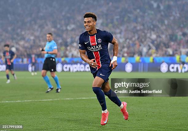 Desire Doue of Paris Saint-Germain celebrates scoring his team's second goal during the UEFA Champions League Final 2025 between Paris Saint-Germain...