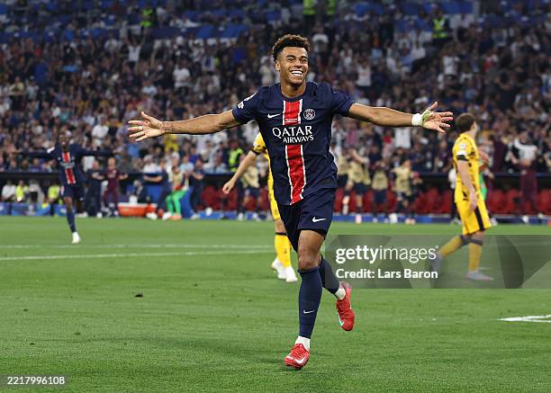 Desire Doue of Paris Saint-Germain celebrates scoring his team's third goal during the UEFA Champions League Final 2025 between Paris Saint-Germain...