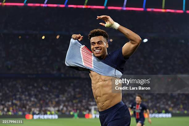 Desire Doue of Paris Saint-Germain celebrates scoring his team's third goal during the UEFA Champions League Final 2025 between Paris Saint-Germain...