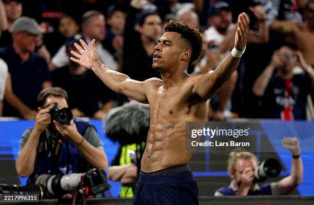 Desire Doue of Paris Saint-Germain celebrates scoring his team's third goal during the UEFA Champions League Final 2025 between Paris Saint-Germain...