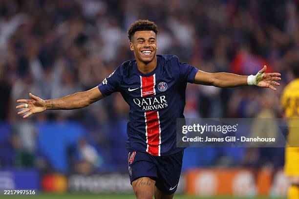 Desire Doue of Paris Saint-Germain celebrates after scoring their third goal during the UEFA Champions League Final 2025 between Paris Saint-Germain...