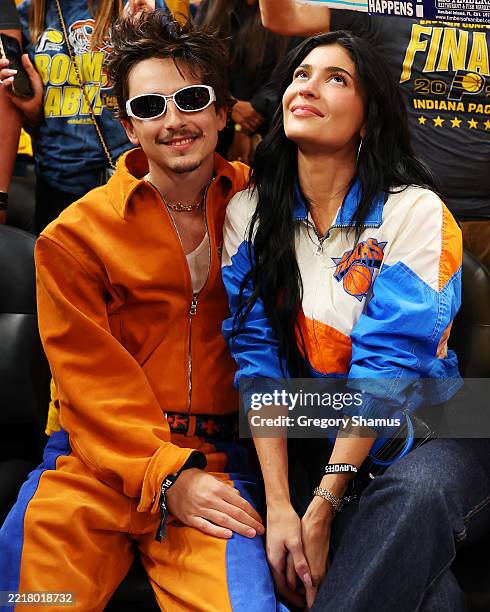 Timothee Chalamet and Kylie Jenner attend Game Six of the Eastern Conference Finals of the 2025 NBA Playoffs between the New York Knicks and the...