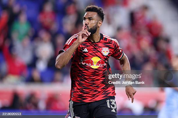Eric Maxim Choupo-Moting of New York Red Bulls celebrates his goal against Atlanta United during the first half at Sports Illustrated Stadium on May...