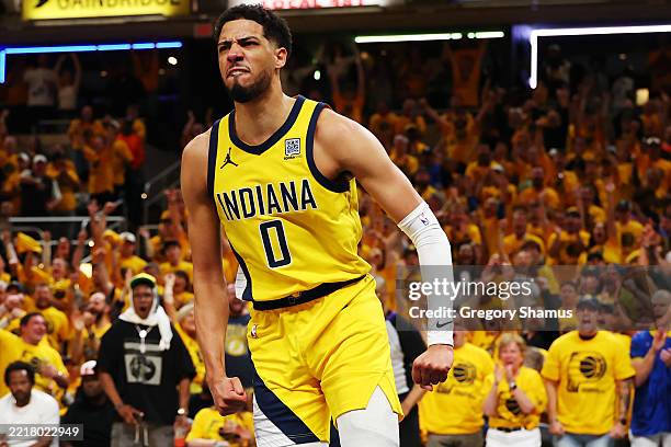 Tyrese Haliburton of the Indiana Pacers celebrates a basket against the New York Knicks during the second quarter in Game Six of the Eastern...
