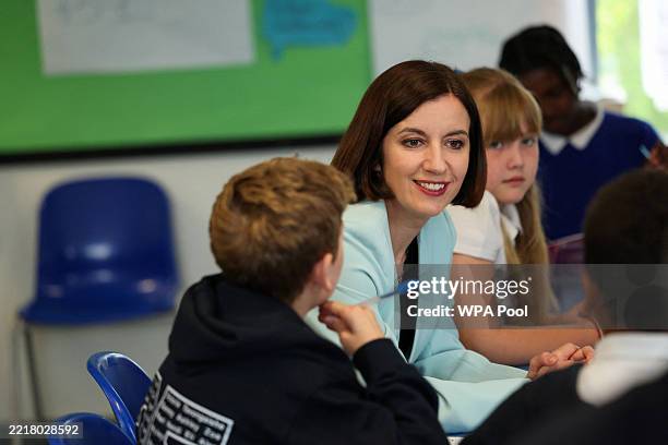 British Education Secretary Bridget Phillipson looks on during a visit with Prime Minister Keir Starmer to the Downs Primary Schoolto outline...