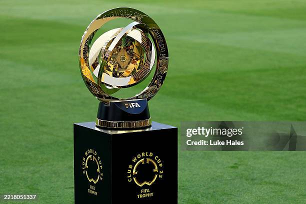 Detailed view of the Club World Cup trophy before the game between the Los Angeles Football Club and Club América in a FIFA Club World Cup 2025...