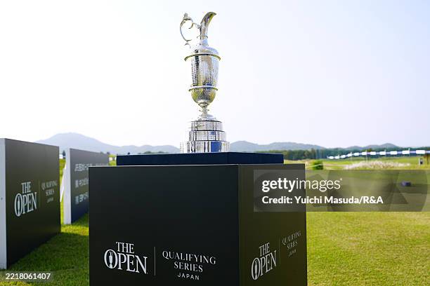 The Claret Jug is displayed on the 1st tee during the final round of Mizuno Open, part of the Open Qualifying Series at JFE Setonaikai Golf Club on...