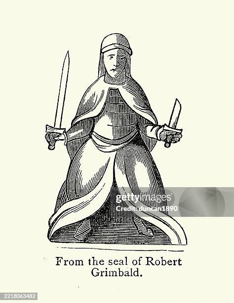 figure wearing a robe and holding a sword and dagger, medieval, seal of robert grimbald 12th century - dagger stock illustrations