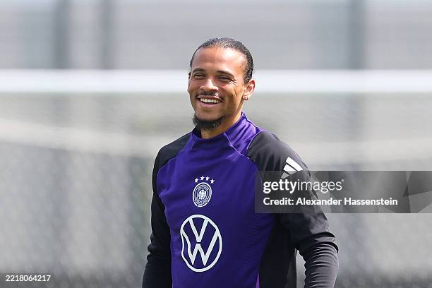 Leroy Sane of Germany looks on during a Germany Training Session on June 01, 2025 in Herzogenaurach, Germany.