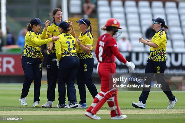 Grace Thompson of Durham Cricket celebrates another wicket to her name during the Vitality Blast Women's T20 match between Durham Cricket and...