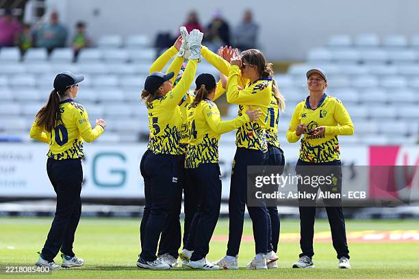 Grace Thompson of Durham Cricket Seren Smale of Lancashire Thunder during the Vitality Blast Women's T20 match between Durham Cricket and Lancashire...