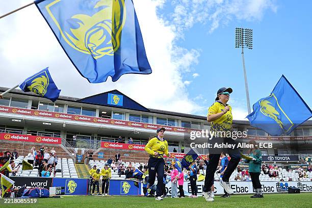 Durham Cricket players walk out during the Vitality Blast Women's T20 match between Durham Cricket and Lancashire Thunder at Banks Homes Riverside on...