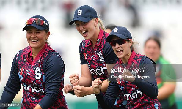 Lenny Sims , Amelia Kemp, and Beth Ascott of Northamptonshire Steelbacks celebrate after their victory during the Vitalilty Blast Women's match...