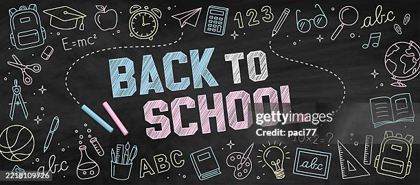 ilustrações de stock, clip art, desenhos animados e ícones de back to school. colorful doodles drawn with chalk on a black board. banner template with frame for school supplies. - desenho a giz