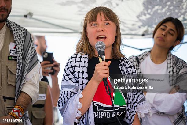 Greta Thunberg speaking at the press conference. Greta is part of the crew of the ship Madleen, headed to Gaza to deliver humanitarian aid on June...