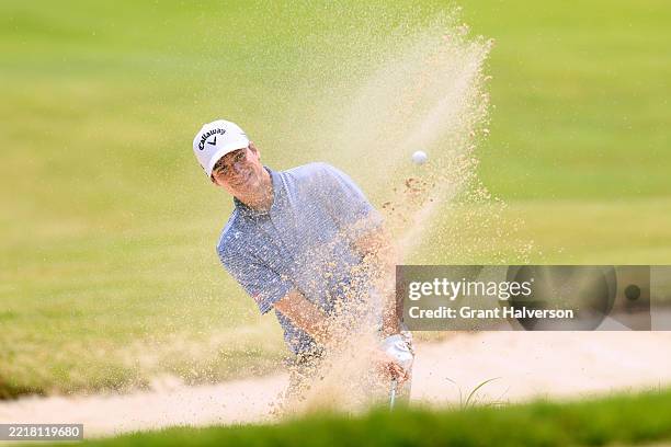 Adrien Dumont de Chassart of Belgium plays out of a bunker on the first hole during the final round of the UNC Health Championship presented by...