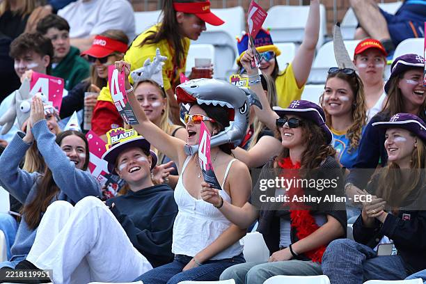 Fans signal four runs during the Vitality Blast Women's T20 match between Durham Cricket and Lancashire Thunder at Banks Homes Riverside on June 01,...