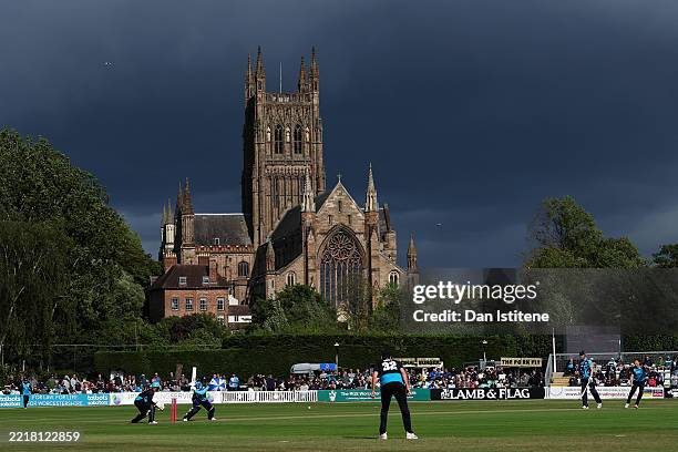 General view of the action as Dom Bess of Yorkshire bats backdropped by Worcester Cathedral during the Vitality Blast Men's match between...