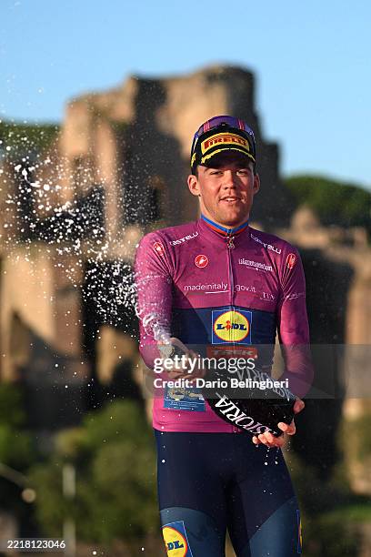 Mads Pedersen of Denmark and Team Lidl - Trek celebrates at podium as Purple Points Jersey winner during the 108th Giro d'Italia 2025, Stage 21 a...