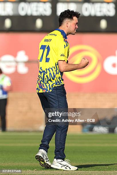 Nathan Sowter of Durham Cricket celebrates getting the wicket of Keaton Jennings of Lancashire Lightning during the Vitality Blast Men's T20 match...