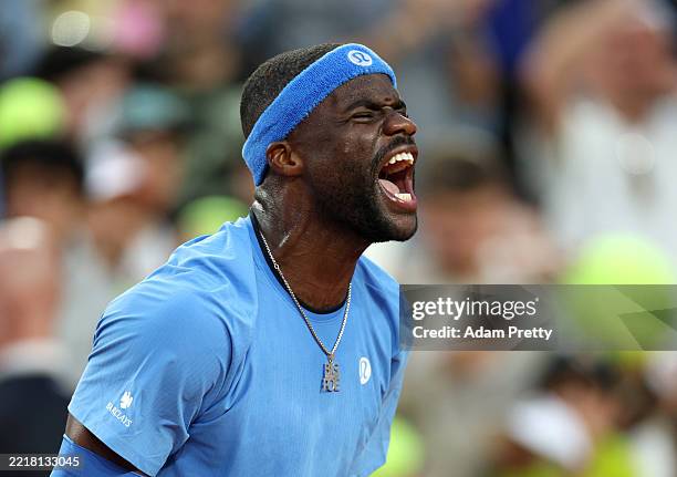 Frances Tiafoe of United States celebrates winning match point against Daniel Altmaier of Germany during the Men's Singles Fourth Round match on Day...