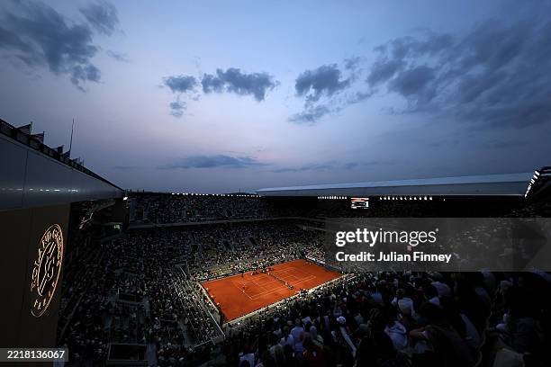 General view of Court Philippe-Chatrier during the Men's Singles Fourth Round match between Lorenzo Musetti of Italy and Holger Rune of Denmark on...