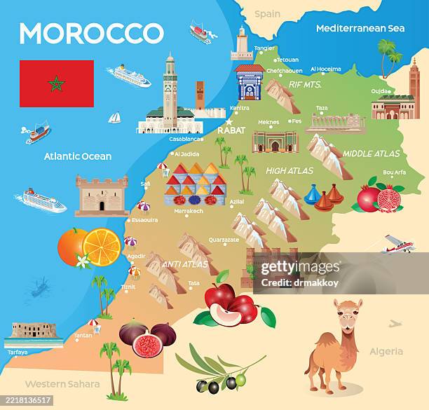 morocco travel map - moroccan food stock illustrations