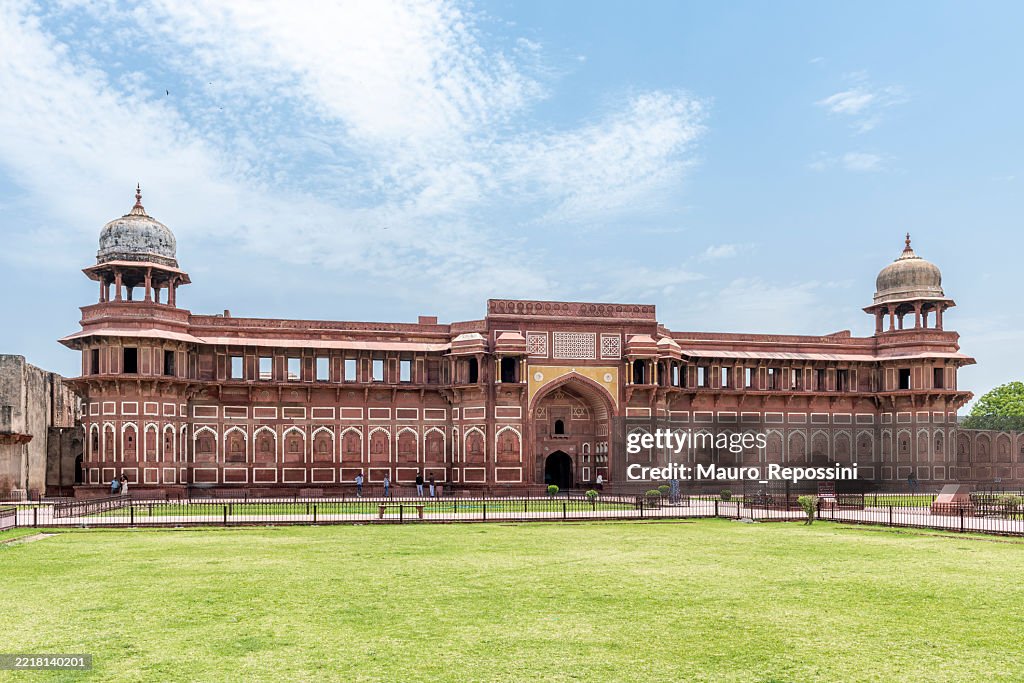 Front view of the Jahangir Palace in the Agra Fort, Agra, India.