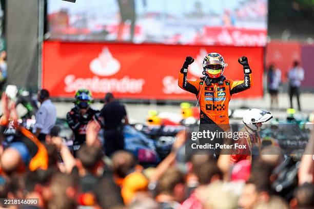 Oscar Piastri of McLaren and Australia celebrates in parc ferme after finishing in first position during the F1 Grand Prix of Spain at Circuit de...