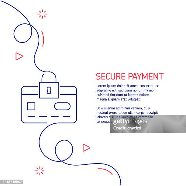 continuous line drawing of secure payment icon. hand drawn symbol vector illustration. minimalist design with thin blue and red lines. - secure payment stock illustrations